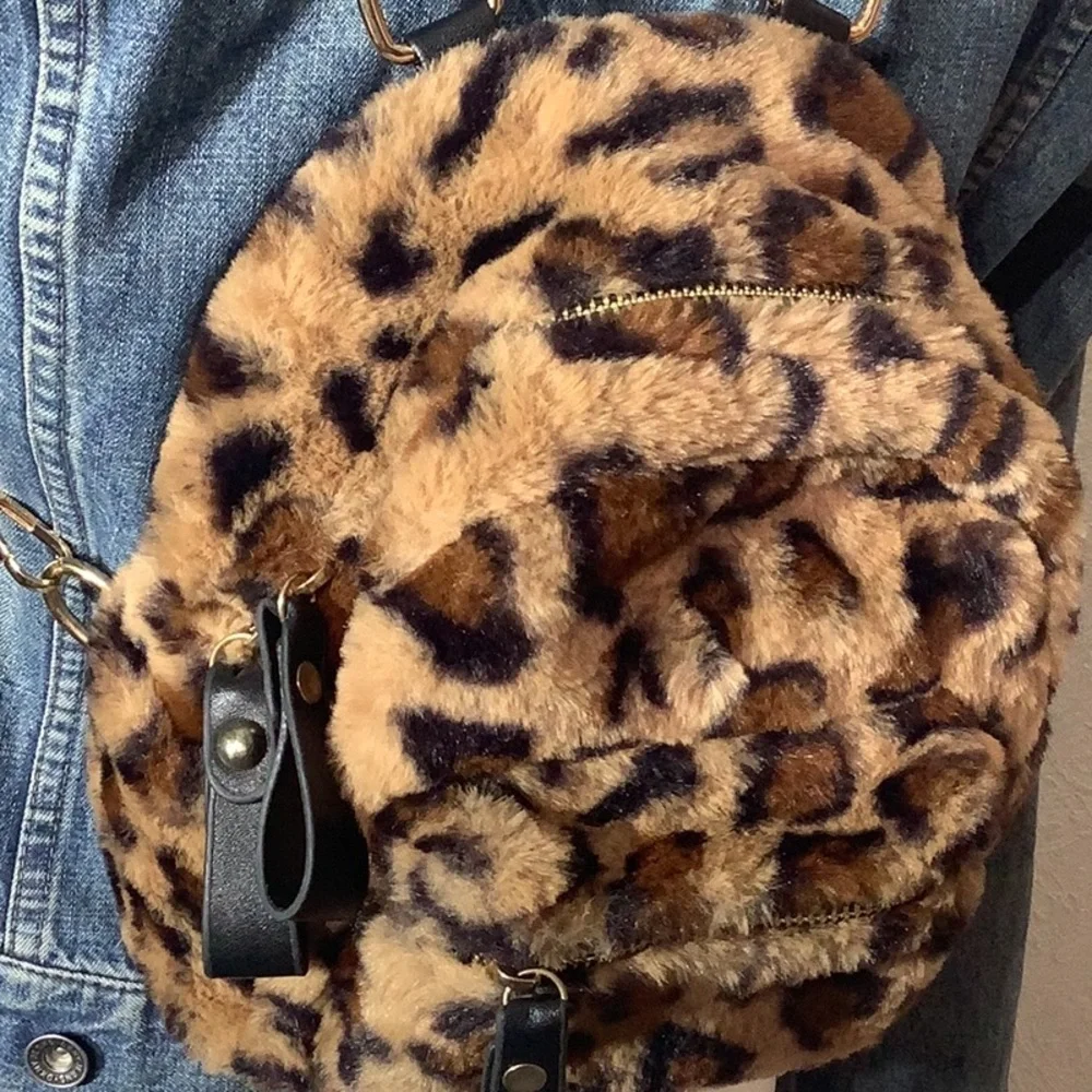 Faux Fur leopard animal print small backpack - fun playful - faux leather strap